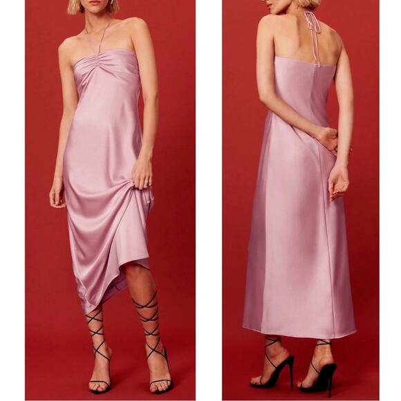 Reformation Dresses & Skirts - REFORMATION Valora Halterneck Ruched Satin Baby Girl Pink Midi Dress Size 12